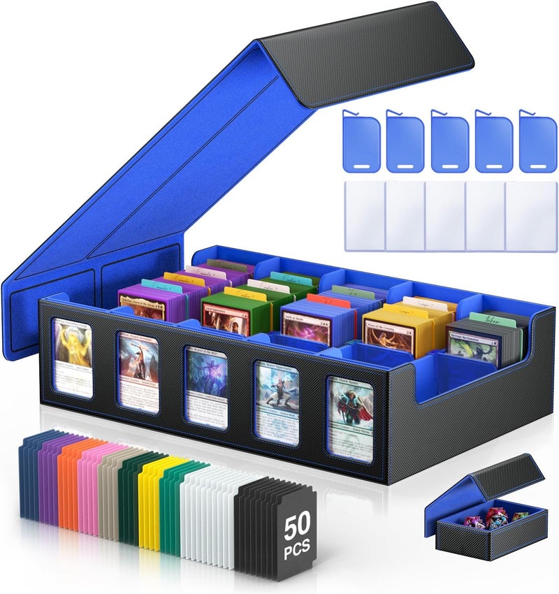 MORCCO Trading Card Storage Box 5-Row 3900+ Capacity,TCG MTG Card Case with Magnetic Lid & Commander Display,Top Loader Storage for Sports Cards,Includes Dividers Dice Box（Black＆Blue） - Image 1